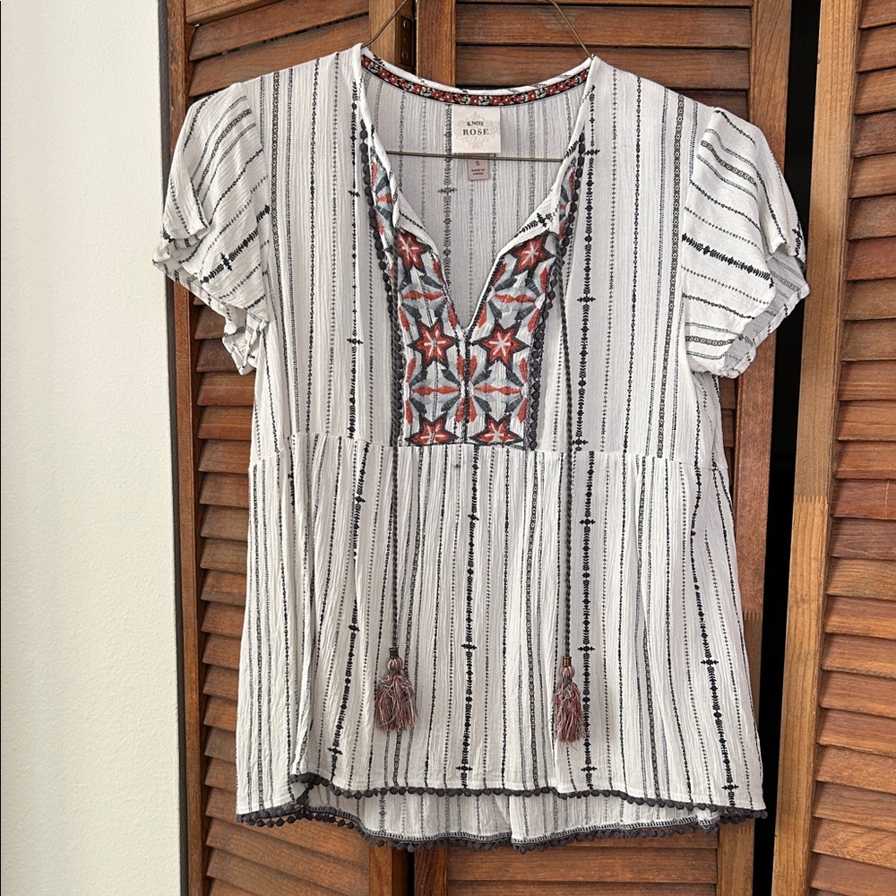Knox Rose White and Black Striped Blouse with Red Accents